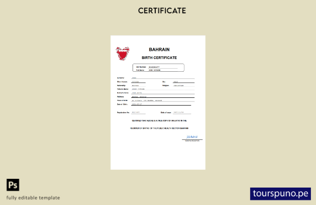listo para imprimir certificado de nacimiento del registro civil de Bahrein Plan